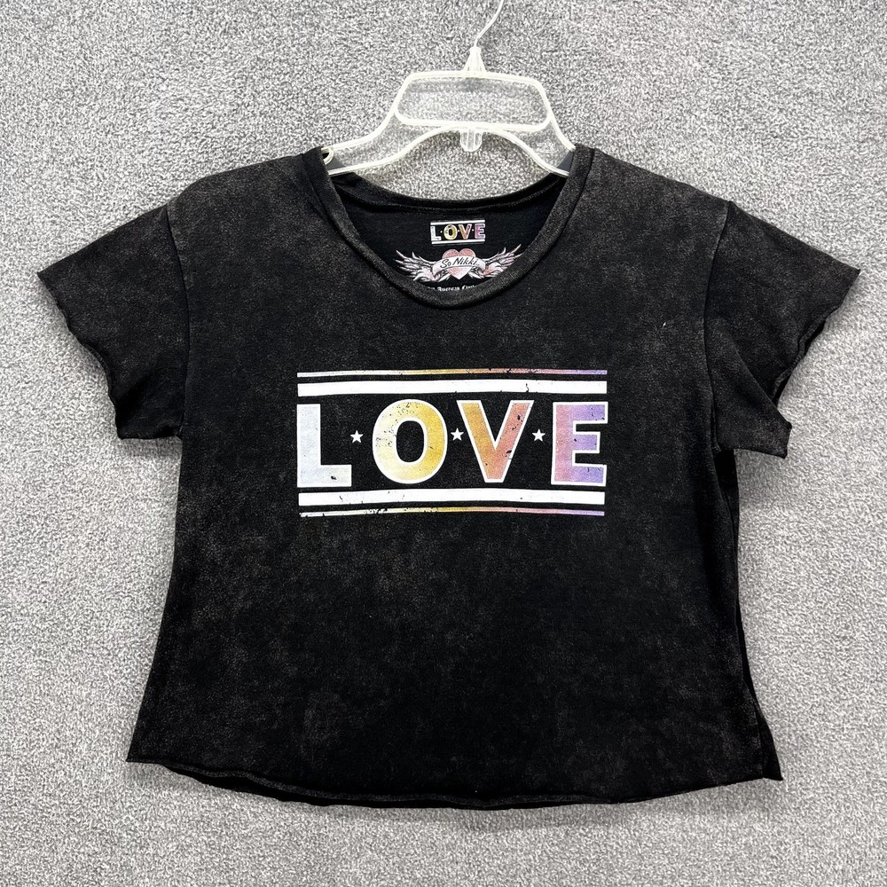 So Nikki‎ Tee Top T-Shirt Cropped Girls Black Short Sleeve LOVE Graphic Print